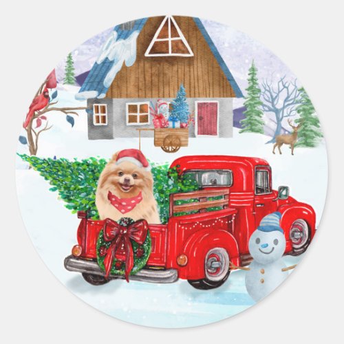 Pomeranian Dog In Christmas Delivery Truck Snow  Classic Round Sticker