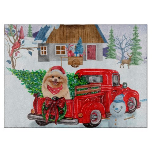 Pomeranian Dog In Christmas Delivery Truck Snow Cutting Board