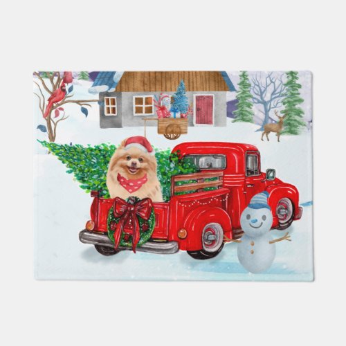Pomeranian Dog In Christmas Delivery Truck Snow Doormat