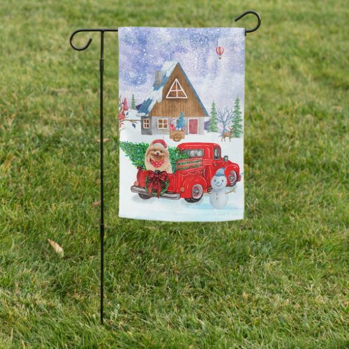 Pomeranian Dog In Christmas Delivery Truck Snow Garden Flag