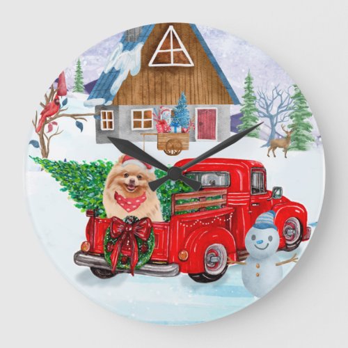 Pomeranian Dog In Christmas Delivery Truck Snow Large Clock