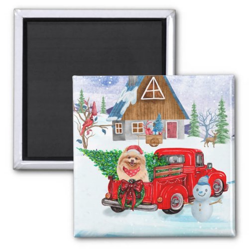 Pomeranian Dog In Christmas Delivery Truck Snow Magnet