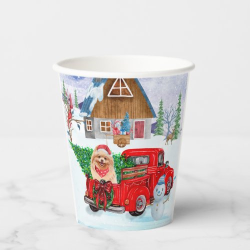 Pomeranian Dog In Christmas Delivery Truck Snow  Paper Cups