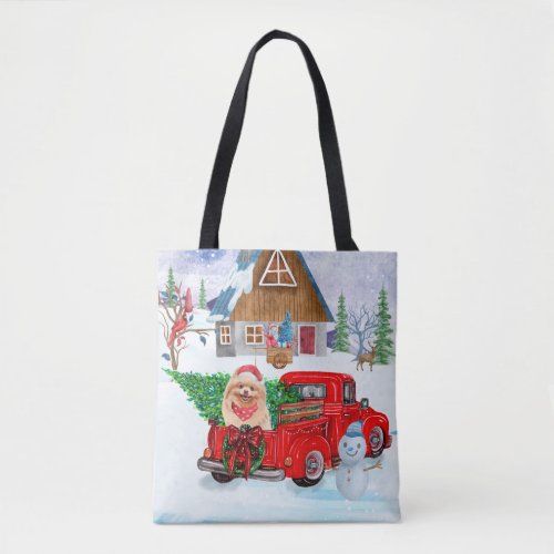 Pomeranian Dog In Christmas Delivery Truck Snow Tote Bag