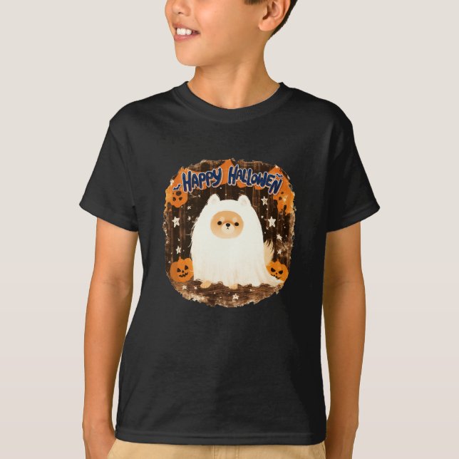 Pomeranian Dog in Ghost Costume – Happy Halloween T-Shirt (Front)