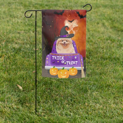 Pomeranian Dog in Halloween Truck Garden Flag