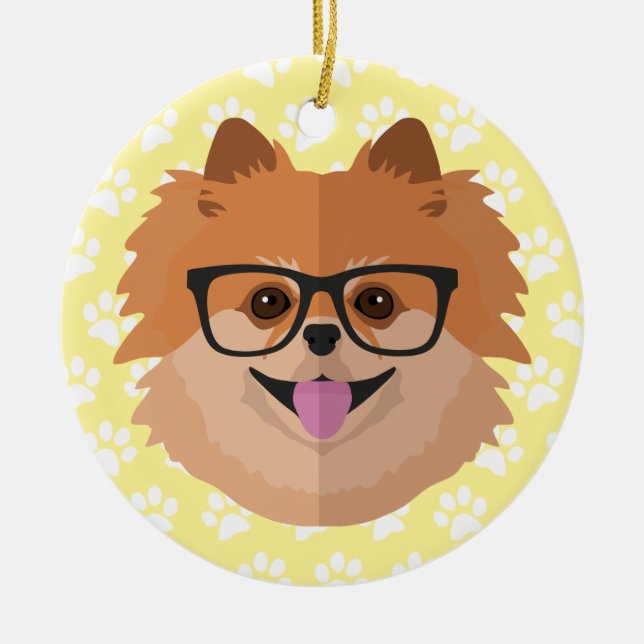 Pomeranian Dog In Nerd Glasses | Cute Hipster Gift Ceramic Ornament (Front)