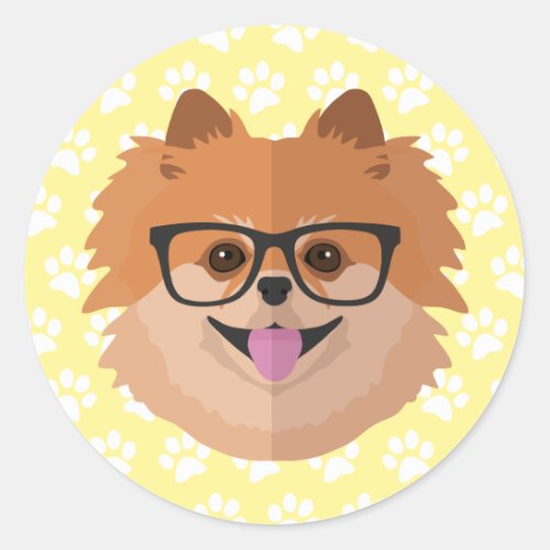 Pomeranian Dog In Nerd Glasses  Cute Hipster Gift Classic Round Sticker