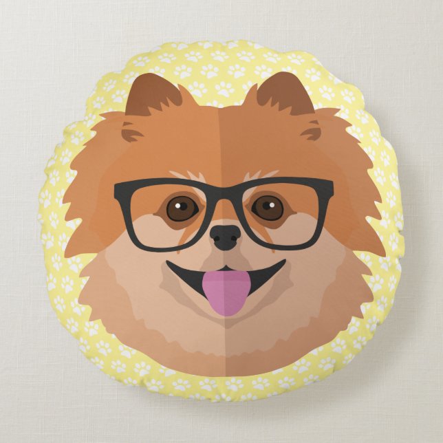 Pomeranian Dog In Nerd Glasses | Cute Hipster Gift Round Pillow (Front)