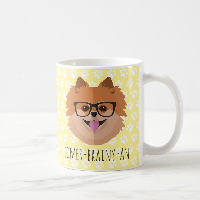 Pomeranian Dog In Nerd Glasses | POMER-BRAINY-AN Coffee Mug (Right)