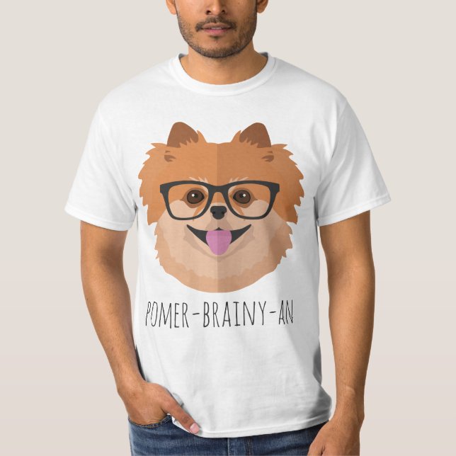 Pomeranian Dog In Nerd Glasses | POMER-BRAINY-AN T-Shirt (Front)