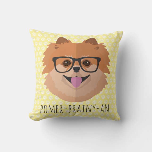 Pomeranian Dog In Nerd Glasses | POMER-BRAINY-AN Throw Pillow (Front)