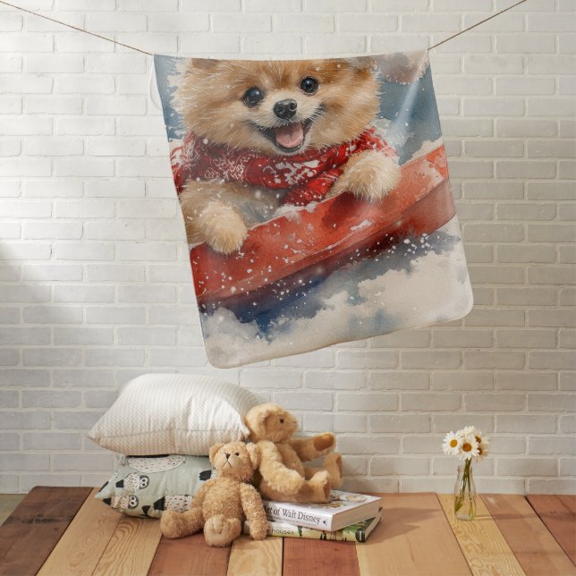 Pomeranian Dog in Sledge Let it Snow Christmas Baby Blanket (In Situ)