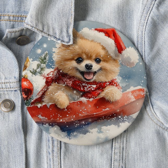 Pomeranian Dog in Sledge Let it Snow Christmas Button (In Situ)