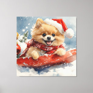 Pomeranian Dog in Sledge Let it Snow Christmas Canvas Print