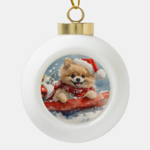 Pomeranian Dog in Sledge Let it Snow Christmas Ceramic Ball Christmas Ornament
