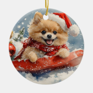 Pomeranian Dog in Sledge Let it Snow Christmas Ceramic Ornament