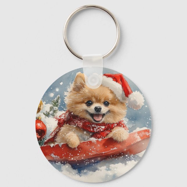Pomeranian Dog in Sledge Let it Snow Christmas Keychain (Front)