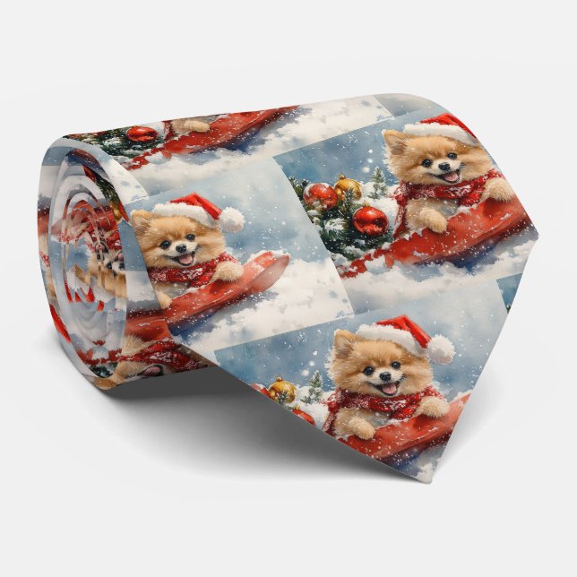 Pomeranian Dog in Sledge Let it Snow Christmas Neck Tie (Rolled)