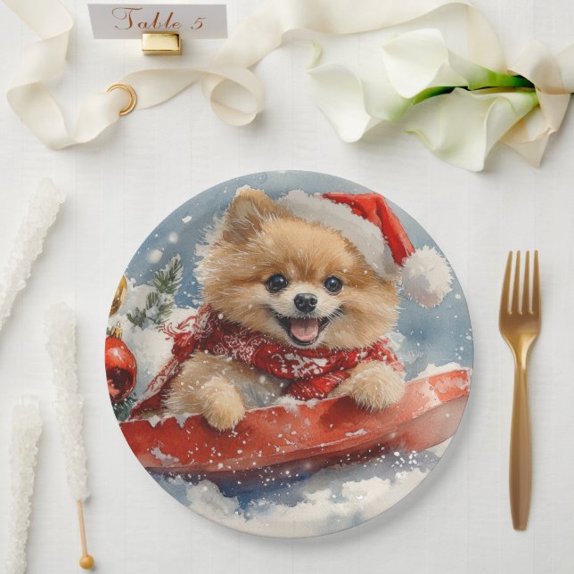 Pomeranian Dog in Sledge Let it Snow Christmas Paper Plates (Wedding)