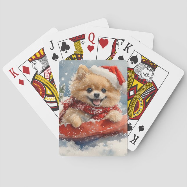 Pomeranian Dog in Sledge Let it Snow Christmas Poker Cards (Back)