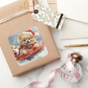 Pomeranian Dog in Sledge Let it Snow Christmas Square Sticker
