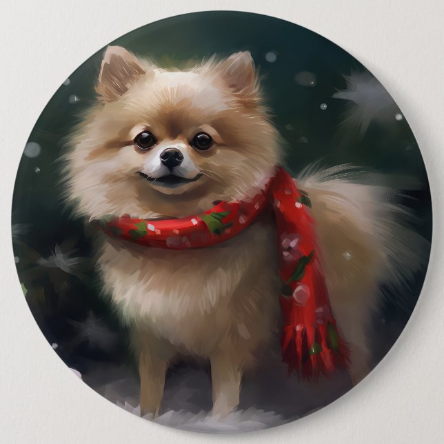 Pomeranian Dog in Snow Christmas Button (Front)