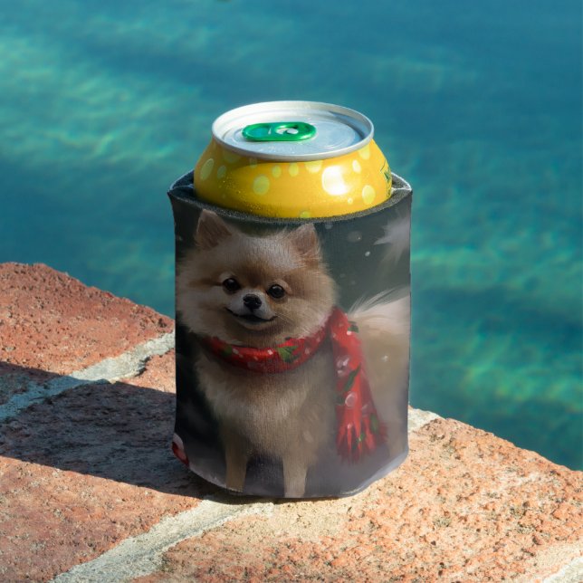 Pomeranian Dog in Snow Christmas Can Cooler (In Situ Pool)