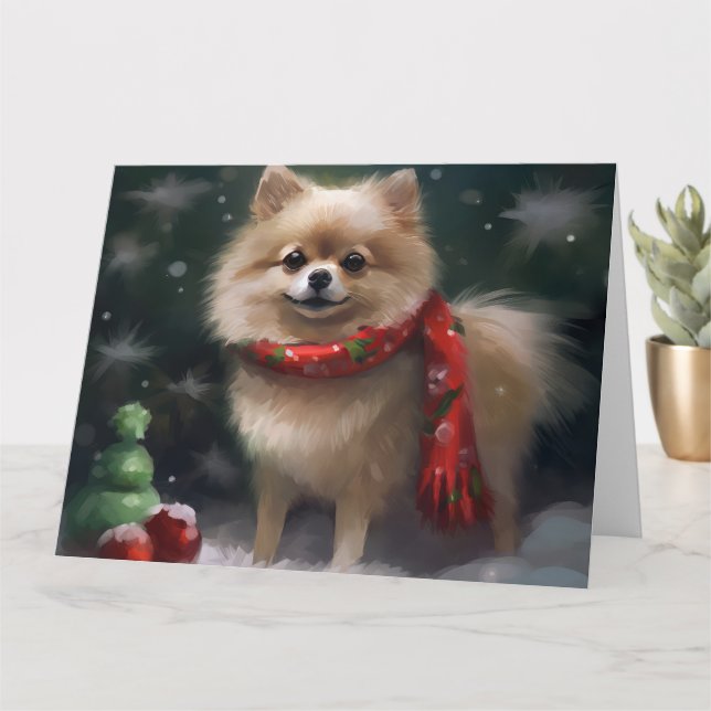 Pomeranian Dog in Snow Christmas Card (Small Plant)
