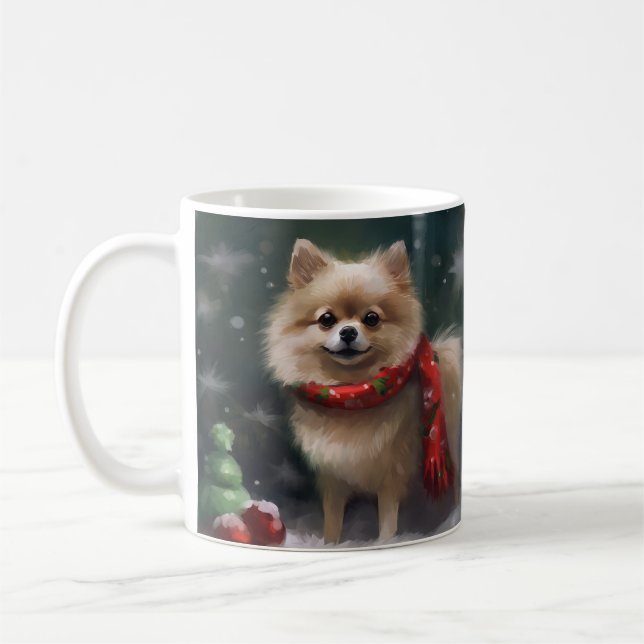 Pomeranian Dog in Snow Christmas Coffee Mug (Left)