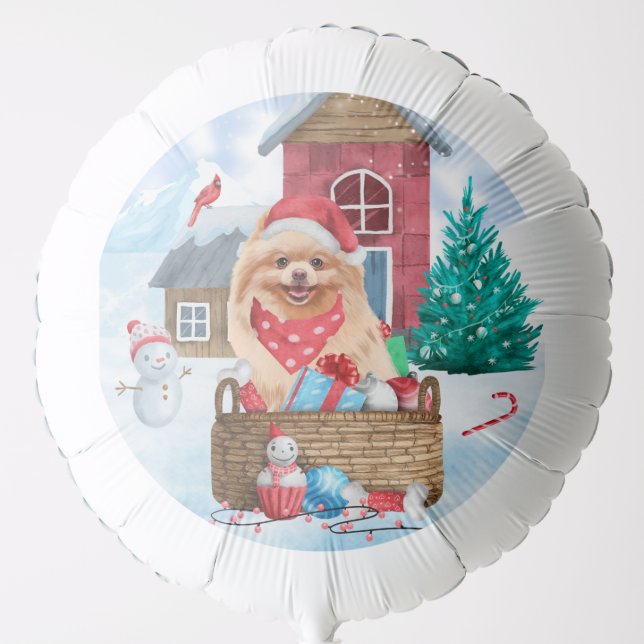 Pomeranian Dog In snow Christmas Dog House Balloon (Front)