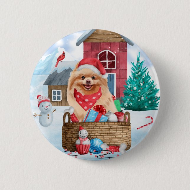 Pomeranian Dog In snow Christmas Dog House  Button (Front)