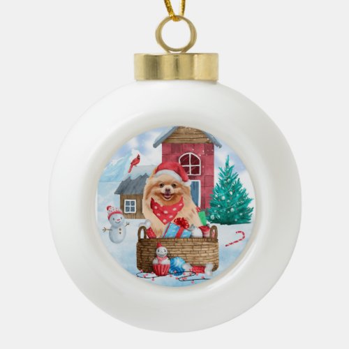 Pomeranian Dog In snow Christmas Dog House Ceramic Ball Christmas Ornament