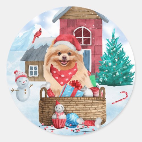 Pomeranian Dog In snow Christmas Dog House  Classic Round Sticker