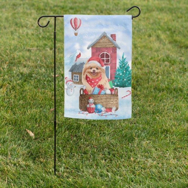 Pomeranian Dog In snow Christmas Dog House Garden Flag (In SItu)