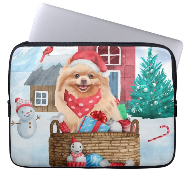 Pomeranian Dog In snow Christmas Dog House Laptop Sleeve (Front)