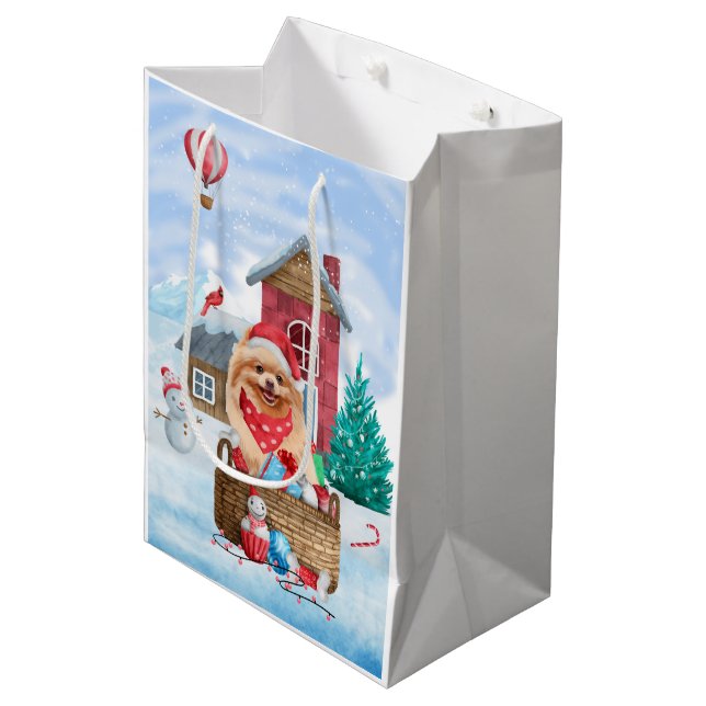 Pomeranian Dog In snow Christmas Dog House Medium Gift Bag (Front Angled)