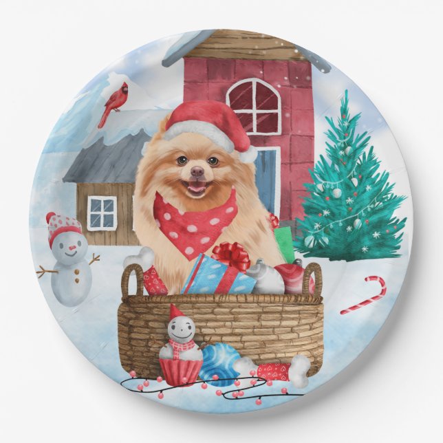 Pomeranian Dog In snow Christmas Dog House Paper Plates (Front)