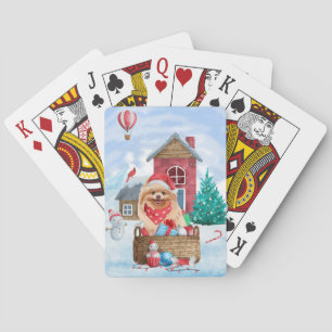 Pomeranian Dog In snow Christmas Dog House Poker Cards