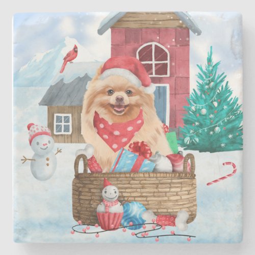 Pomeranian Dog In snow Christmas Dog House Stone Coaster