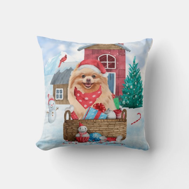 Pomeranian Dog In snow Christmas Dog House Throw Pillow (Front)