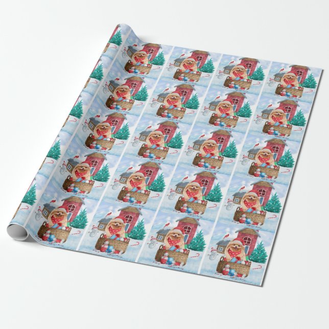 Pomeranian Dog In snow Christmas Dog House Wrapping Paper (Unrolled)