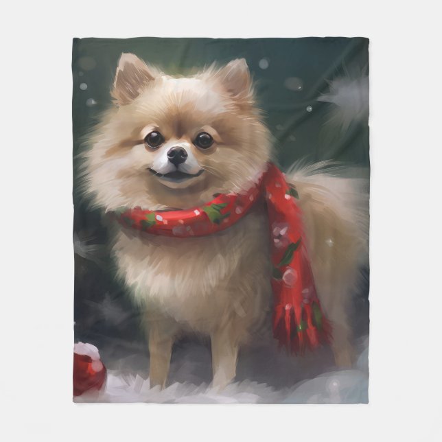 Pomeranian Dog in Snow Christmas Fleece Blanket (Front)
