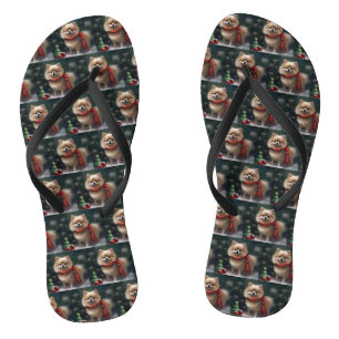 Pomeranian Dog in Snow Christmas Flip Flops