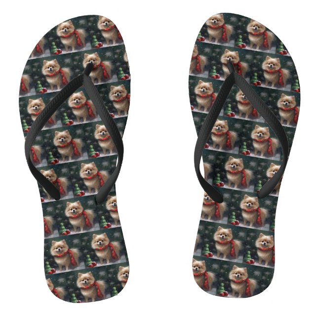 Pomeranian Dog in Snow Christmas Flip Flops (Footbed)