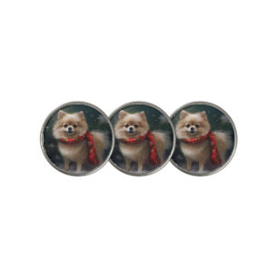 Pomeranian Dog in Snow Christmas Golf Ball Marker