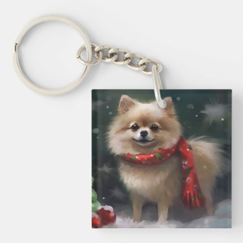Pomeranian Dog in Snow Christmas Keychain