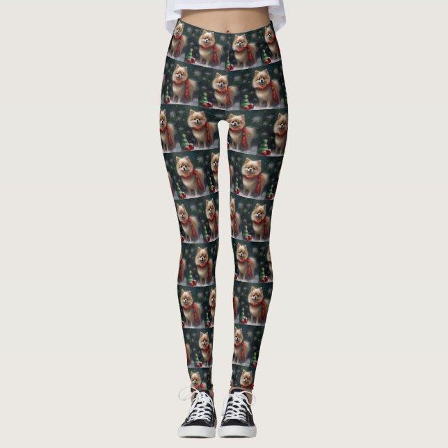 Pomeranian Dog in Snow Christmas Leggings (Front)