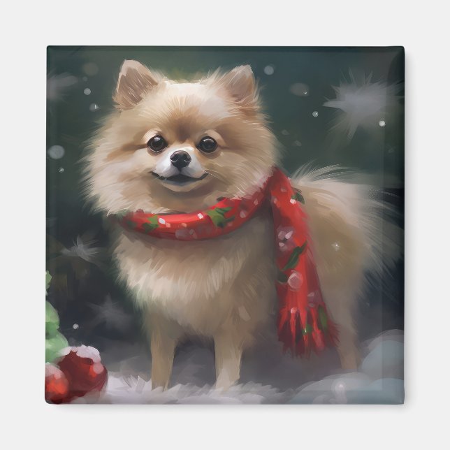 Pomeranian Dog in Snow Christmas Magnet (Front)