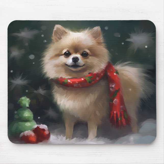 Pomeranian Dog in Snow Christmas Mouse Pad (Front)